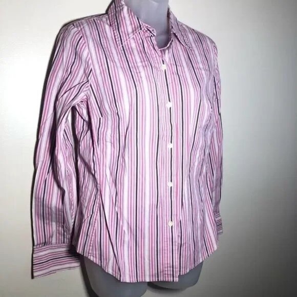 GAP STRETCH STRIPED PURPLE/PINK/WHITE/BROWN BUTTON FRONT BLOUSE MEDIUM-EUC - Picture 1 of 3